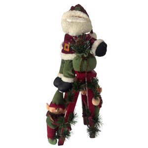 Santa & Elves Plush Ladder Christmas Decoration 18" Tall With Greenery & Pinecon